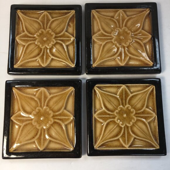 Handcrafted Majolica Style Drink Coasters Floral Ceramic Decor Gold Black - Picture 1 of 5